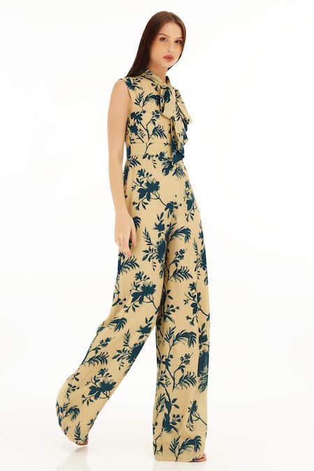 Buy_Koai_Cream Muslin, Cotton, Silk Embroidery Bandeau Floral Branch Pattern Jumpsuit _Online_at_Aza_Fashions