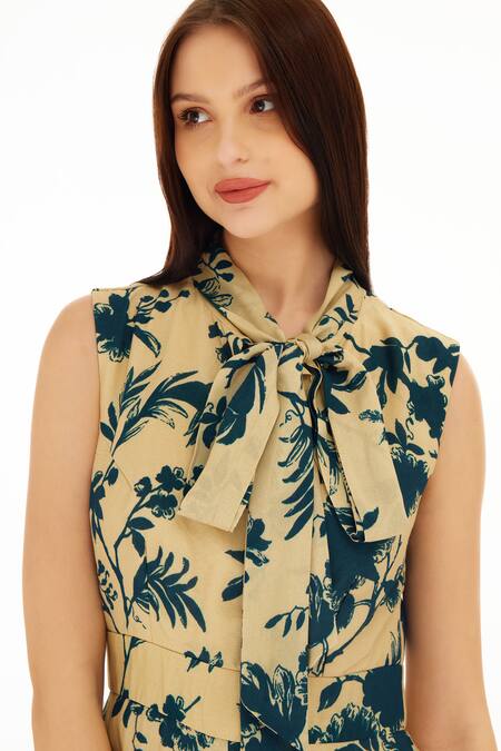 Koai_Cream Muslin, Cotton, Silk Embroidery Bandeau Floral Branch Pattern Jumpsuit _at_Aza_Fashions