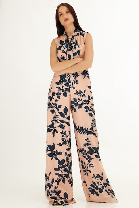 Koai_Pink Muslin, Cotton, Silk Bandeau Neck Foliage Pattern Jumpsuit _Online_at_Aza_Fashions