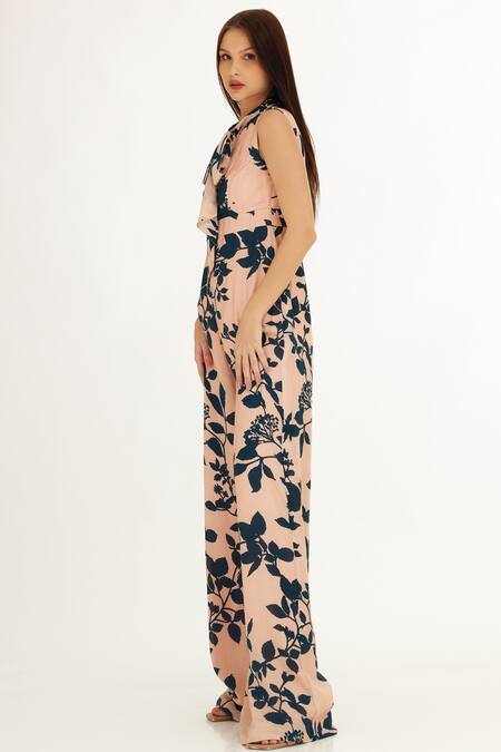 Buy_Koai_Pink Muslin, Cotton, Silk Bandeau Neck Foliage Pattern Jumpsuit _Online_at_Aza_Fashions