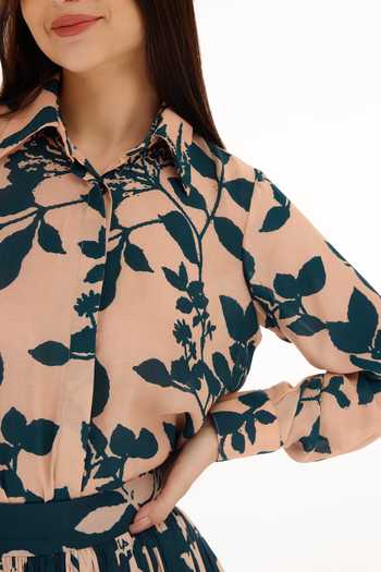 Koai Pink Muslin, Cotton, Silk Collared Foliage Pattern Shirt Online at Aza Fashions Koai_Pink Muslin, Cotton, Silk Collared Foliage Pattern Shirt _Online_at_Aza_Fashions