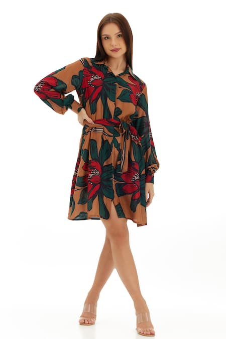 Koai Beige Cotton, Silk Embroidery Shawl Neck Flower Pattern Shirt Dress Online at Aza Fashions Koai_Beige Cotton, Silk Embroidery Shawl Neck Flower Pattern Shirt Dress _Online_at_Aza_Fashions