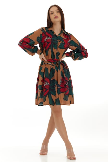 Buy Koai Beige Cotton, Silk Embroidery Shawl Neck Flower Pattern Shirt Dress Online at Aza Fashions Buy_Koai_Beige Cotton, Silk Embroidery Shawl Neck Flower Pattern Shirt Dress _Online_at_Aza_Fashions