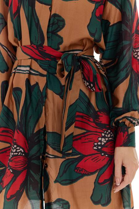 Shop Koai Beige Cotton, Silk Embroidery Shawl Neck Flower Pattern Shirt Dress Online at Aza Fashions Shop_Koai_Beige Cotton, Silk Embroidery Shawl Neck Flower Pattern Shirt Dress _Online_at_Aza_Fashions