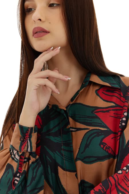 Koai Beige Cotton, Silk Embroidery Shawl Neck Flower Pattern Shirt Dress at Aza Fashions Koai_Beige Cotton, Silk Embroidery Shawl Neck Flower Pattern Shirt Dress _at_Aza_Fashions