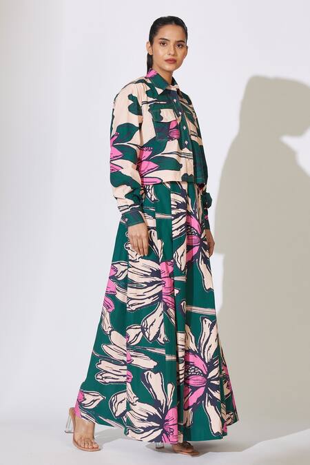 Koai_Green Poplin Flower Pattern Flared Pant _Online_at_Aza_Fashions