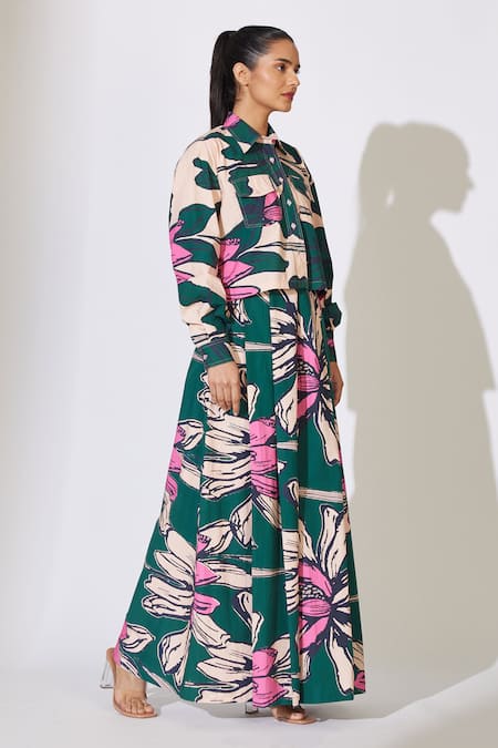 Shop_Koai_Green Poplin Flower Pattern Flared Pant _at_Aza_Fashions