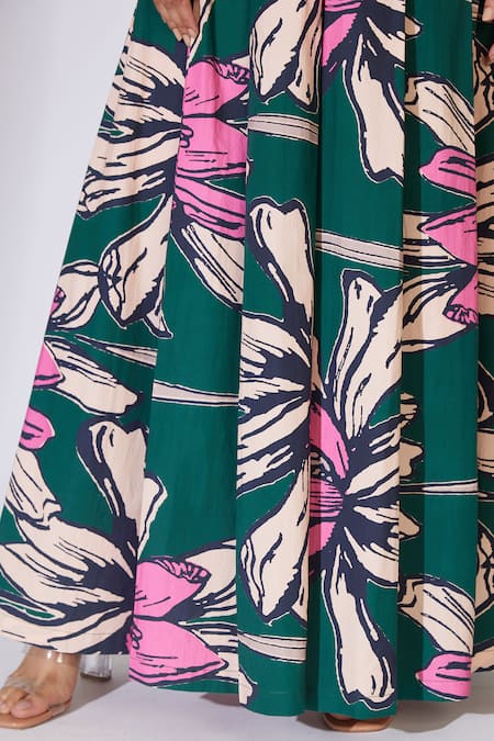 Buy_Koai_Green Poplin Flower Pattern Flared Pant _Online_at_Aza_Fashions