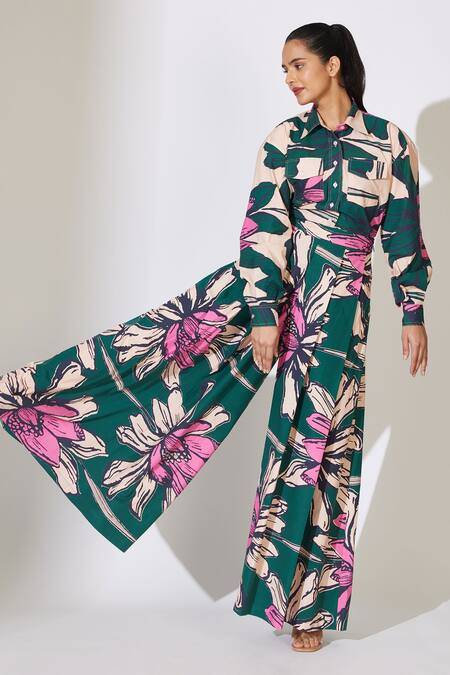 Shop_Koai_Green Poplin Flower Pattern Flared Pant _Online_at_Aza_Fashions