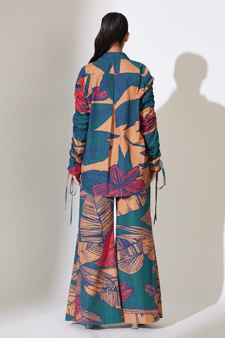 Koai_Blue Poplin Floral Pattern Flared Pant _Online_at_Aza_Fashions