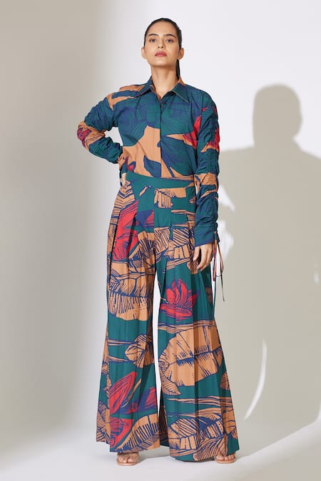 Buy_Koai_Blue Poplin Floral Pattern Flared Pant _Online_at_Aza_Fashions