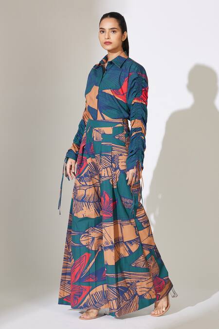 Shop_Koai_Blue Poplin Floral Pattern Flared Pant _Online_at_Aza_Fashions