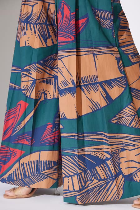 Koai_Blue Poplin Floral Pattern Flared Pant _at_Aza_Fashions