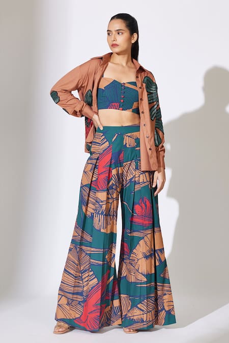 Shop_Koai_Blue Poplin Floral Pattern Flared Pant _at_Aza_Fashions