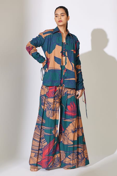 Koai_Blue Poplin, Cotton Embroidery Collared Floral Pattern Ruched Shirt _Online_at_Aza_Fashions