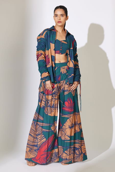 Buy_Koai_Blue Poplin, Cotton Embroidery Collared Floral Pattern Ruched Shirt _Online_at_Aza_Fashions