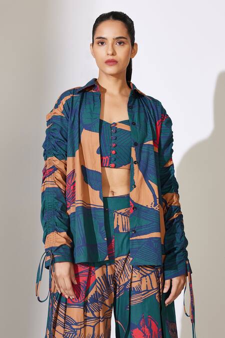 Shop_Koai_Blue Poplin, Cotton Embroidery Collared Floral Pattern Ruched Shirt _Online_at_Aza_Fashions