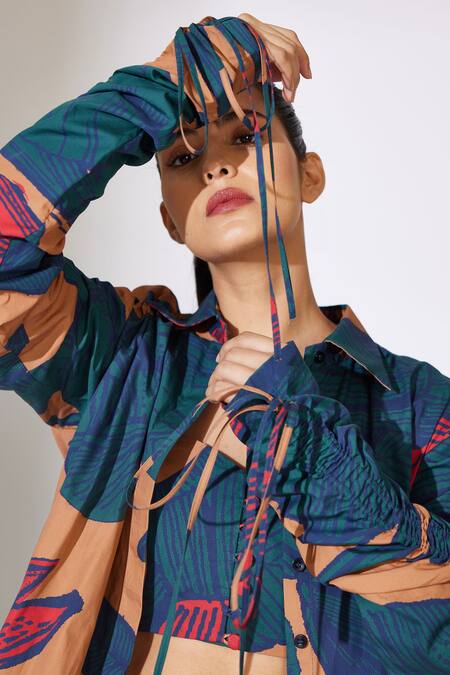 Koai_Blue Poplin, Cotton Embroidery Collared Floral Pattern Ruched Shirt _at_Aza_Fashions