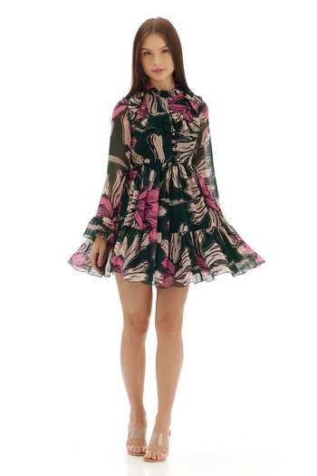 Koai_Green Chiffon Ruffles High Neck Floral Print Tiered Dress _Online_at_Aza_Fashions