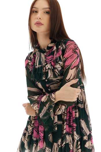 Buy_Koai_Green Chiffon Ruffles High Neck Floral Print Tiered Dress _Online_at_Aza_Fashions