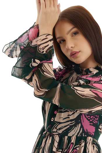 Shop_Koai_Green Chiffon Ruffles High Neck Floral Print Tiered Dress _Online_at_Aza_Fashions