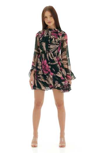Koai_Green Chiffon Ruffles High Neck Floral Print Tiered Dress _at_Aza_Fashions