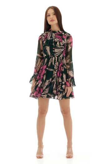 Buy_Koai_Green Chiffon Ruffles High Neck Floral Print Tiered Dress 
