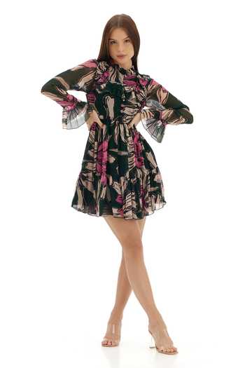 Shop_Koai_Green Chiffon Ruffles High Neck Floral Print Tiered Dress 
