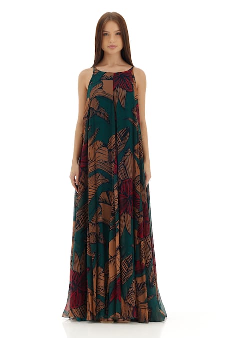 Koai_Green Chiffon Round Neck Floral Print Strappy Dress _Online_at_Aza_Fashions
