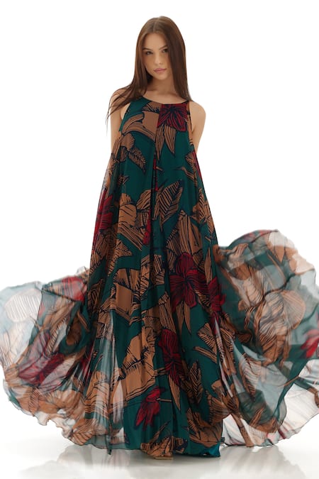 Buy_Koai_Green Chiffon Round Neck Floral Print Strappy Dress _Online_at_Aza_Fashions