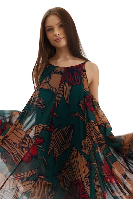 Shop_Koai_Green Chiffon Round Neck Floral Print Strappy Dress _Online_at_Aza_Fashions