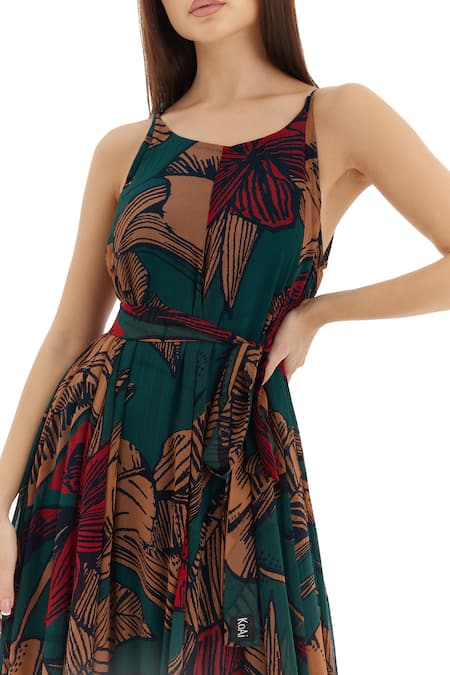 Koai_Green Chiffon Round Neck Floral Print Strappy Dress _at_Aza_Fashions