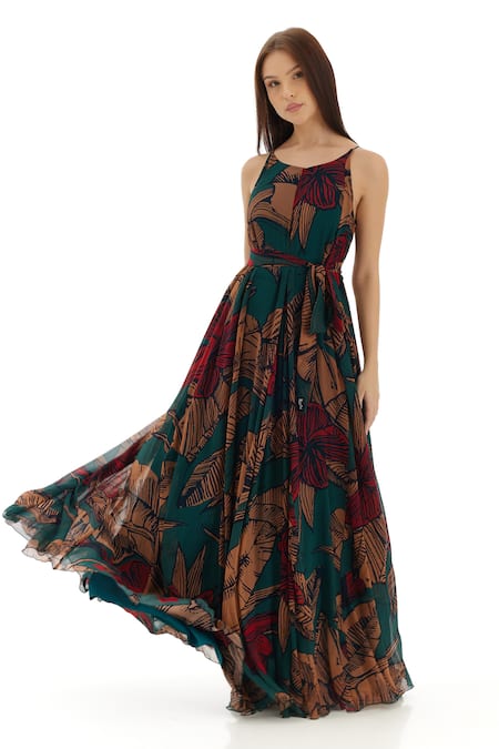 Buy_Koai_Green Chiffon Round Neck Floral Print Strappy Dress 