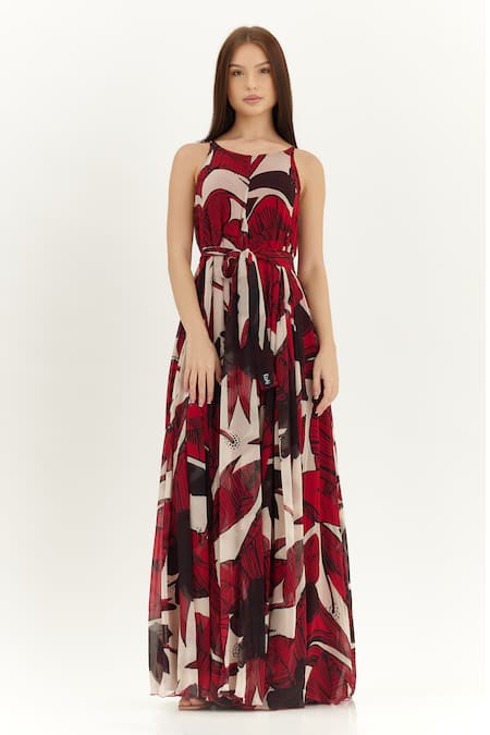 Koai_Off White Chiffon Round Neck Floral Print Maxi Dress _Online_at_Aza_Fashions