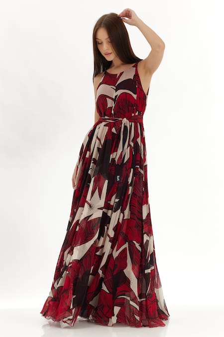 Buy_Koai_Off White Chiffon Round Neck Floral Print Maxi Dress _Online_at_Aza_Fashions