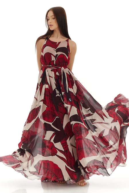 Shop_Koai_Off White Chiffon Round Neck Floral Print Maxi Dress _Online_at_Aza_Fashions