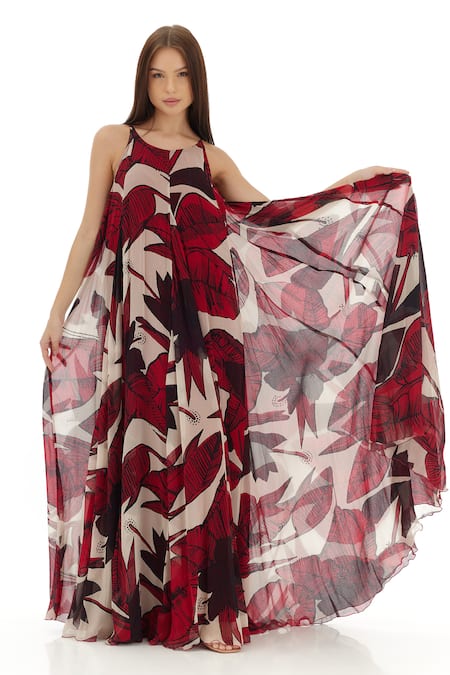 Buy_Koai_Off White Chiffon Round Neck Floral Print Maxi Dress 