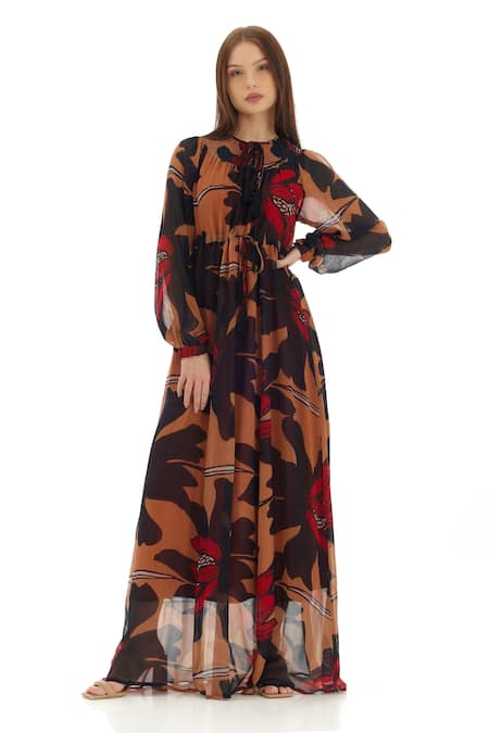 Koai Orange Chiffon High Neck Floral Print Kaftan Dress 