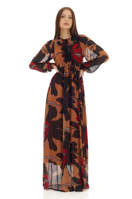 Buy Koai Orange Chiffon High Neck Floral Print Kaftan Dress Online at Aza Fashions Buy_Koai_Orange Chiffon High Neck Floral Print Kaftan Dress _Online_at_Aza_Fashions