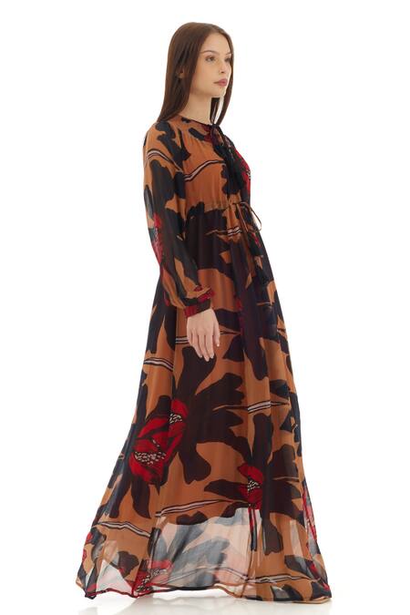 Shop Koai Orange Chiffon High Neck Floral Print Kaftan Dress Online at Aza Fashions Shop_Koai_Orange Chiffon High Neck Floral Print Kaftan Dress _Online_at_Aza_Fashions