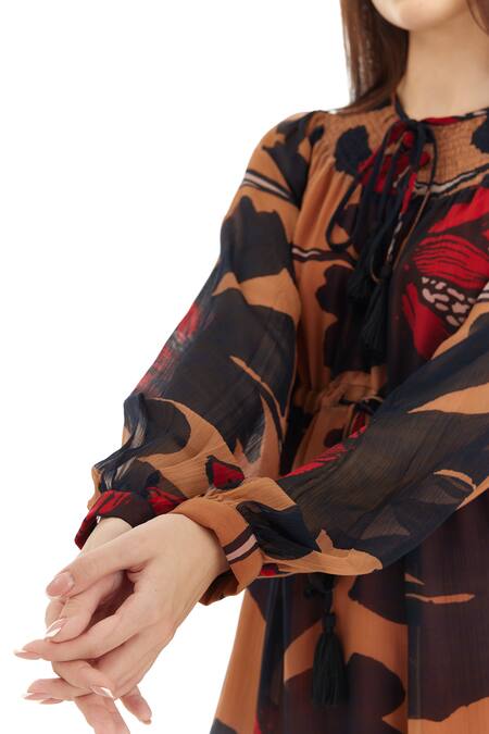 Buy Koai Orange Chiffon High Neck Floral Print Kaftan Dress Buy_Koai_Orange Chiffon High Neck Floral Print Kaftan Dress