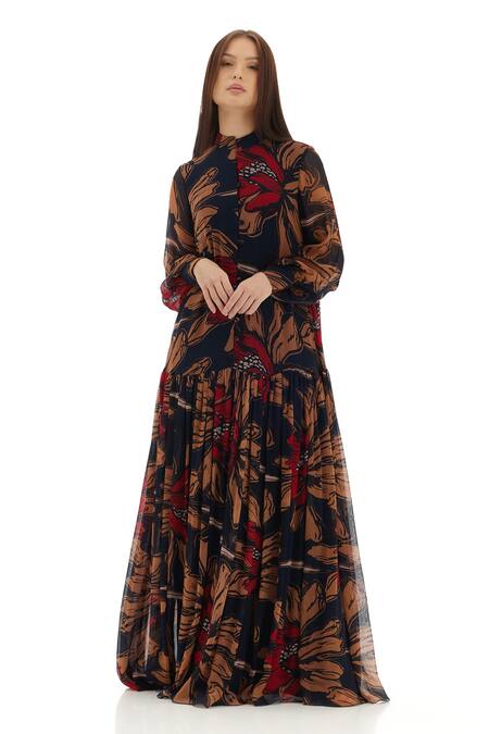 Koai Grey Chiffon Shawl Neck Floral Print Bishop Sleeves Dress Online at Aza Fashions Koai_Grey Chiffon Shawl Neck Floral Print Bishop Sleeves Dress _Online_at_Aza_Fashions