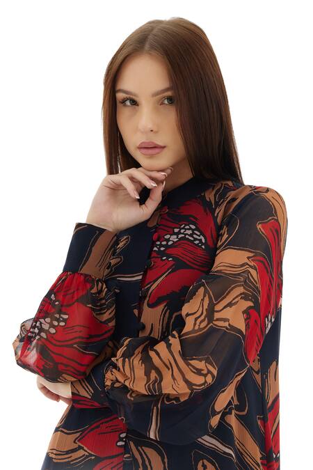 Buy Koai Grey Chiffon Shawl Neck Floral Print Bishop Sleeves Dress Online at Aza Fashions Buy_Koai_Grey Chiffon Shawl Neck Floral Print Bishop Sleeves Dress _Online_at_Aza_Fashions