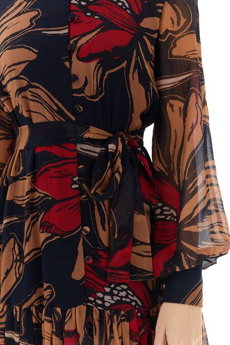 Koai Grey Chiffon Shawl Neck Floral Print Bishop Sleeves Dress at Aza Fashions Koai_Grey Chiffon Shawl Neck Floral Print Bishop Sleeves Dress _at_Aza_Fashions