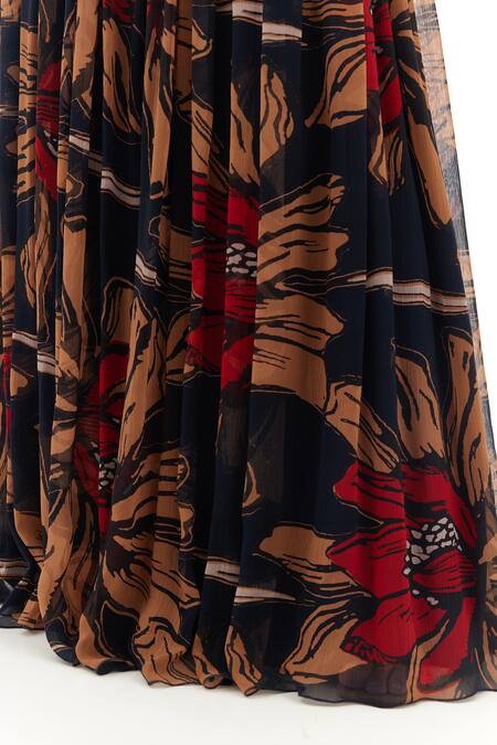 Buy Koai Grey Chiffon Shawl Neck Floral Print Bishop Sleeves Dress Buy_Koai_Grey Chiffon Shawl Neck Floral Print Bishop Sleeves Dress