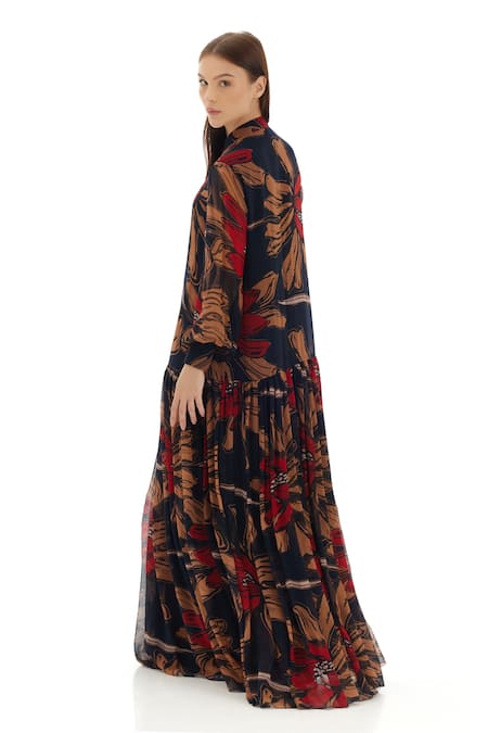 Shop Koai Grey Chiffon Shawl Neck Floral Print Bishop Sleeves Dress at Aza Fashions Shop_Koai_Grey Chiffon Shawl Neck Floral Print Bishop Sleeves Dress _at_Aza_Fashions