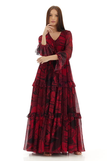 Koai_Pink Chiffon V-neck Floral Pattern Tiered Dress _Online_at_Aza_Fashions