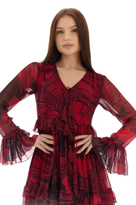 Koai_Pink Chiffon V-neck Floral Pattern Tiered Dress _at_Aza_Fashions