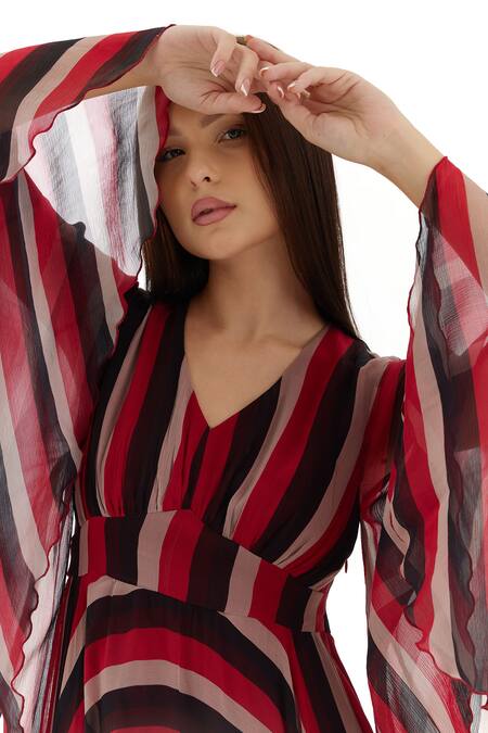 Buy_Koai_Red Chiffon V-neck Printed Stripe Flared Dress _Online_at_Aza_Fashions