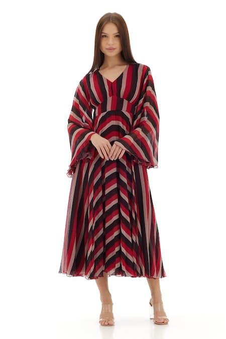 Koai_Red Chiffon V-neck Printed Stripe Flared Dress _at_Aza_Fashions